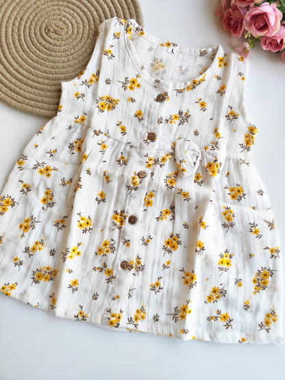 Muslin Hip Cut Frock - Yellow Floral