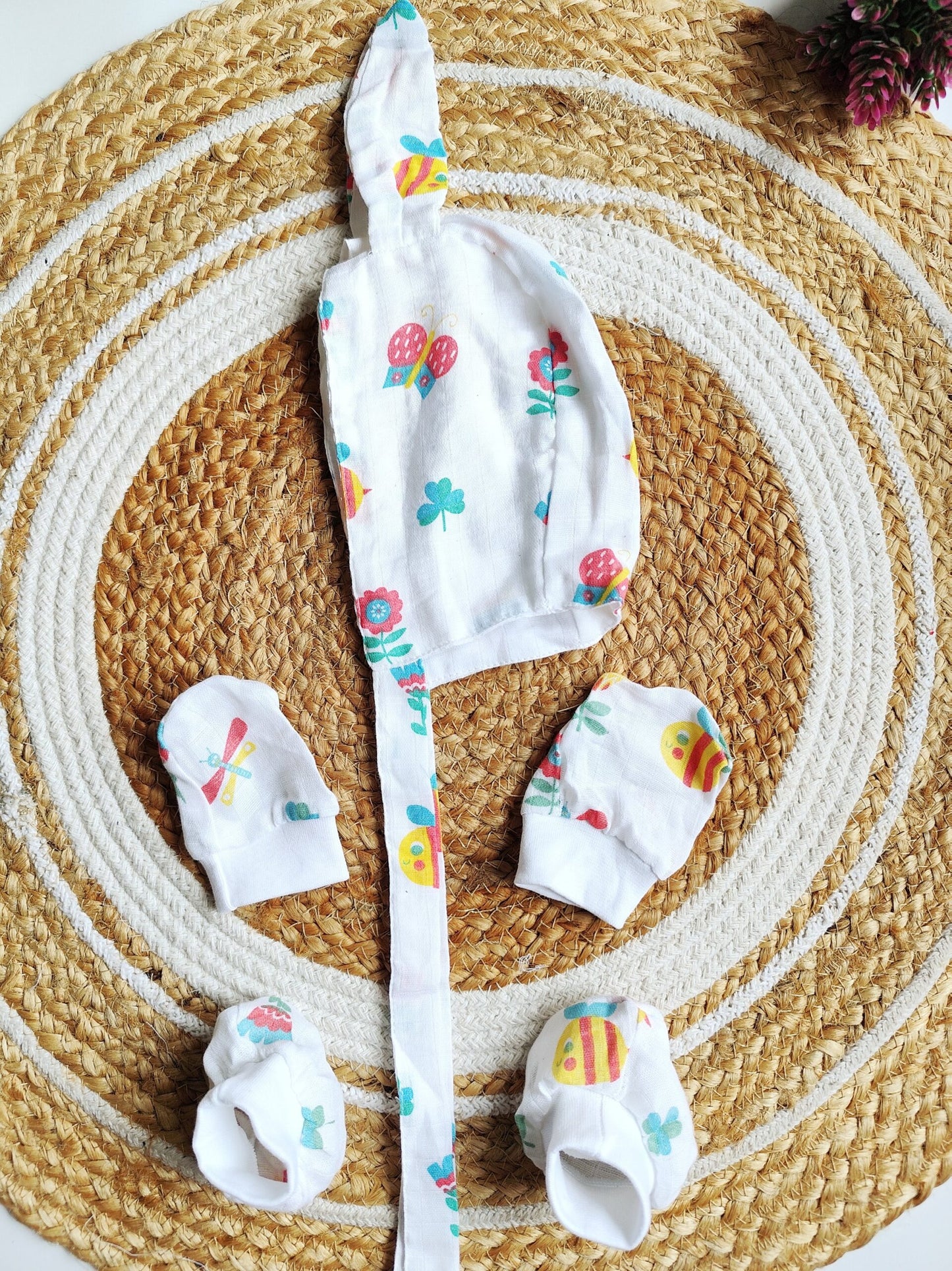 Muslin Cap, Mitten &amp; Booties Set - Butterfly &amp; Honeybee Print image 0