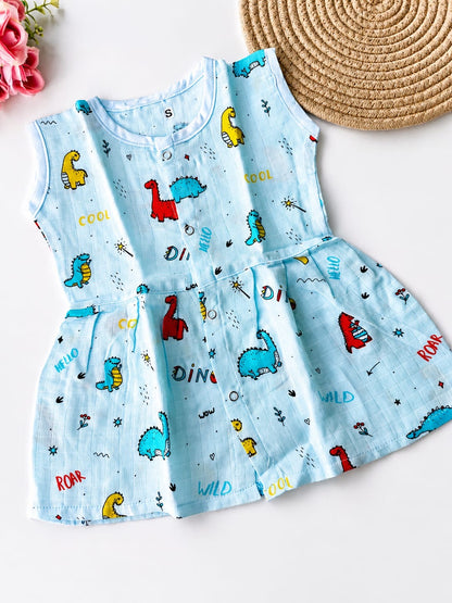 Muslin Colored Hip Cut Frock - Blue Dino