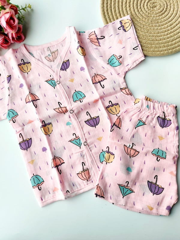 Muslin Colored Co Ord Set - Pink Umbrella