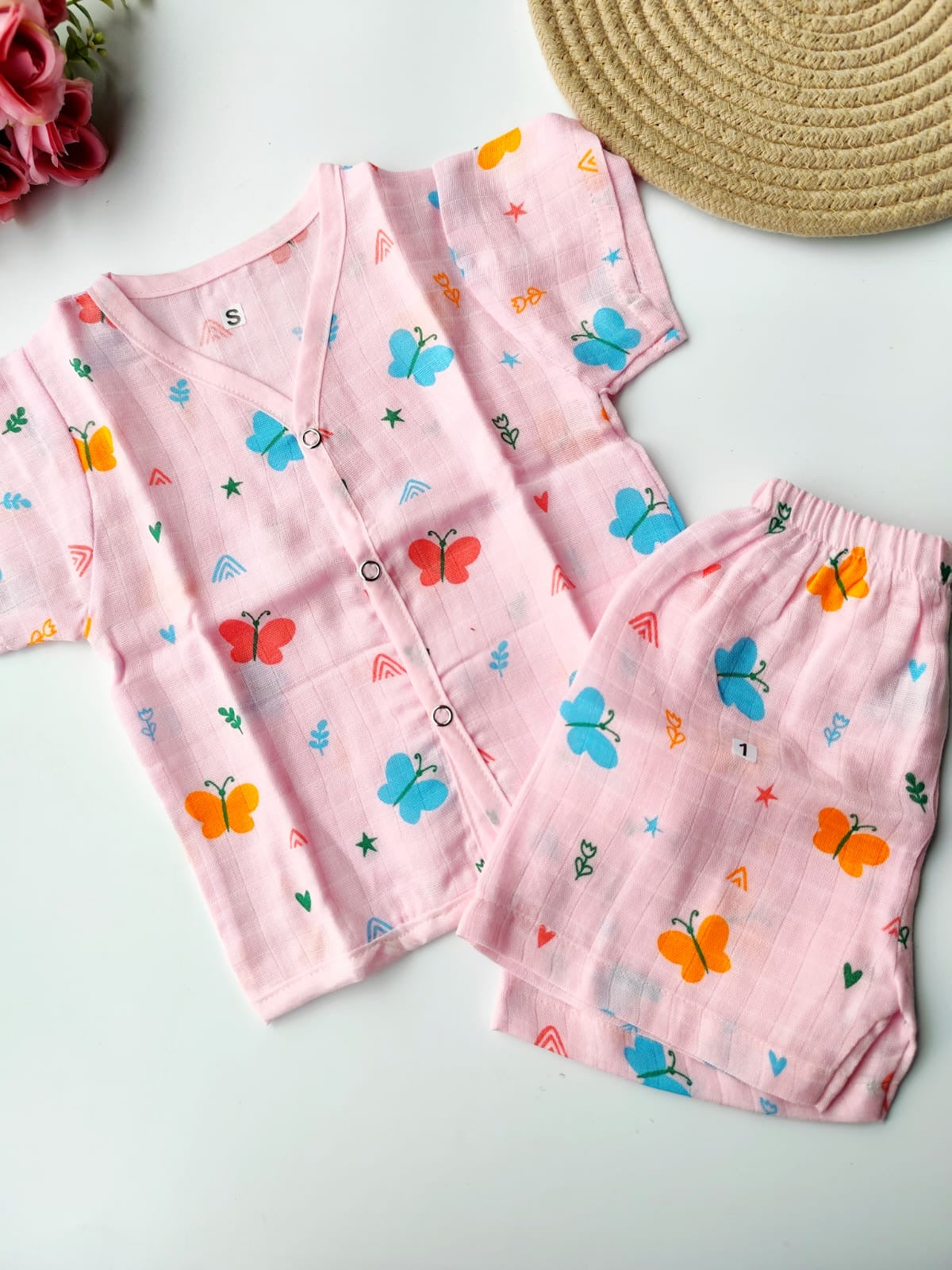 Muslin Colored Co Ord Set - Pink Butterflies