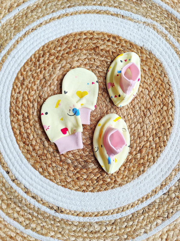 Cotton Mittens & Booties - Yellow & Pink Heart Print