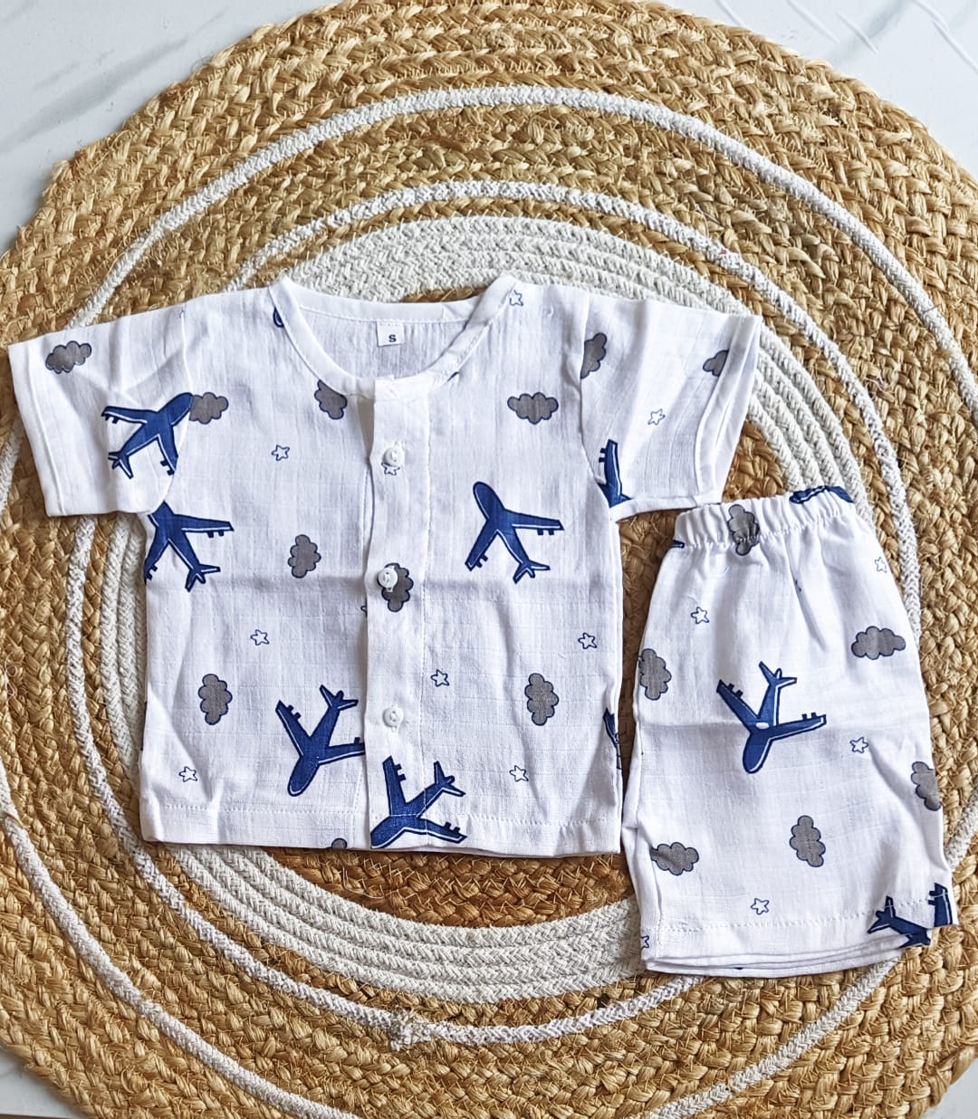 Muslin Half Sleeve Jabla Set - Plane Print - 6 - 9 M image
