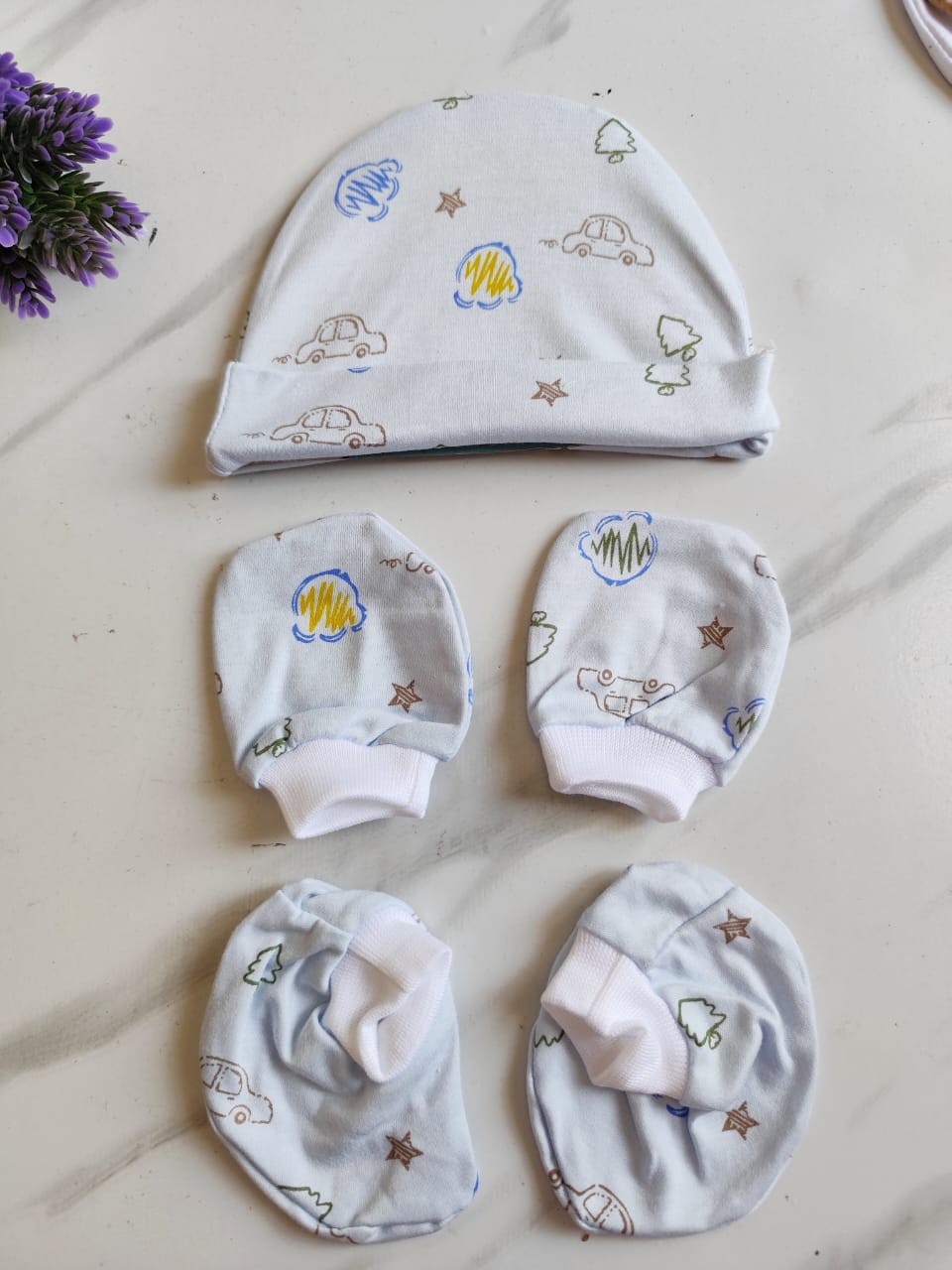 Cotton Cap, Mittens & Booties Set - Car Print (0 - 6 Months) image 0