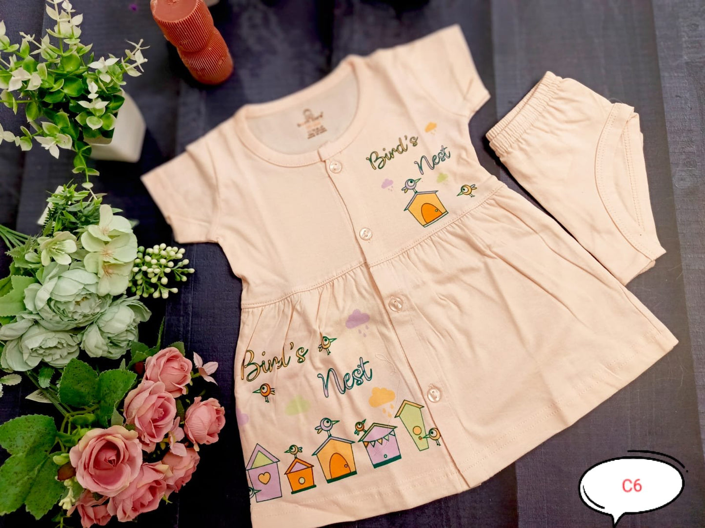 Cotton Frock - Bird's Nest Print - Orange, 0 - 6 M image