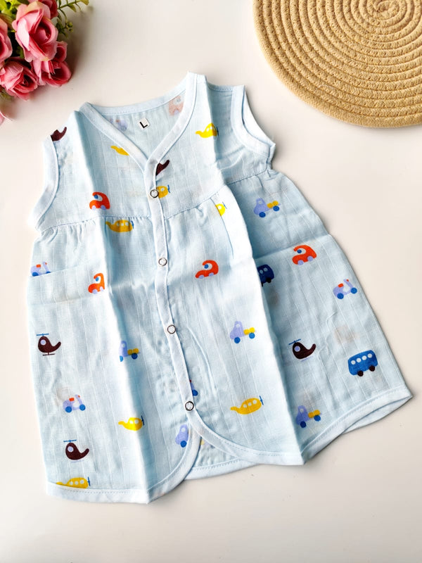 Muslin Colored Chest Cut Frock - Blue Mini Vehicles