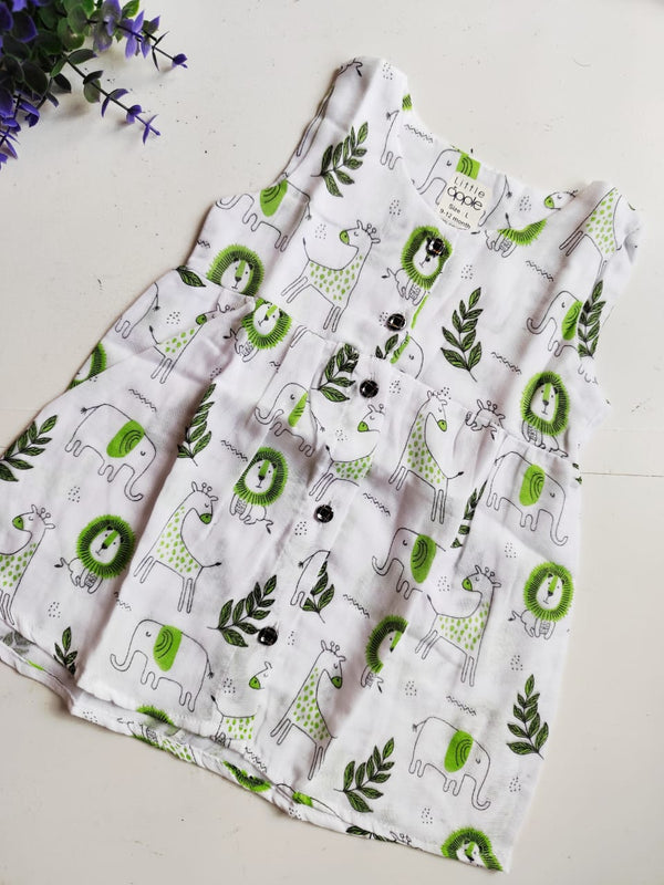 Muslin Frock - Green Animals Print