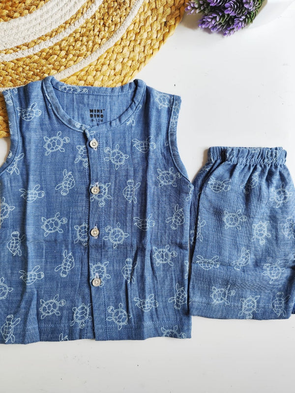 Blue Turtle Print Muslin Co Ord Set