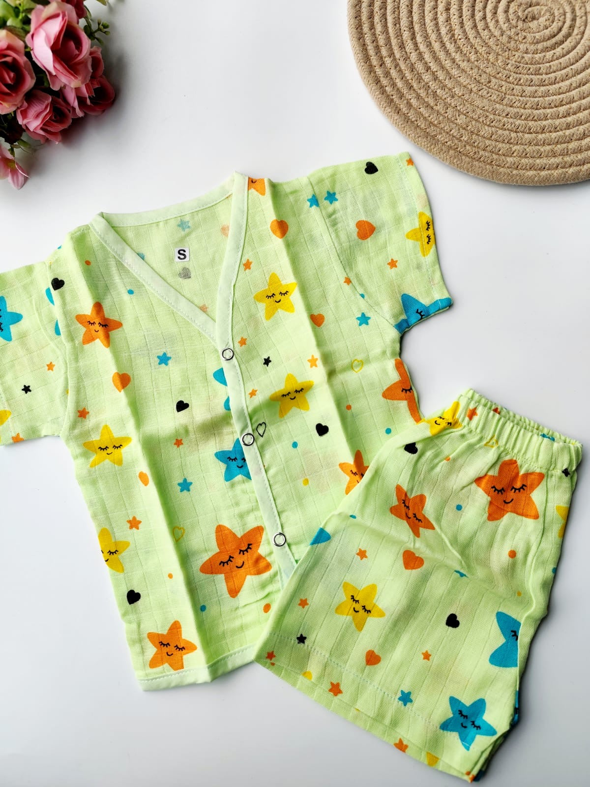 Muslin Colored Co Ord Set - Green Stars