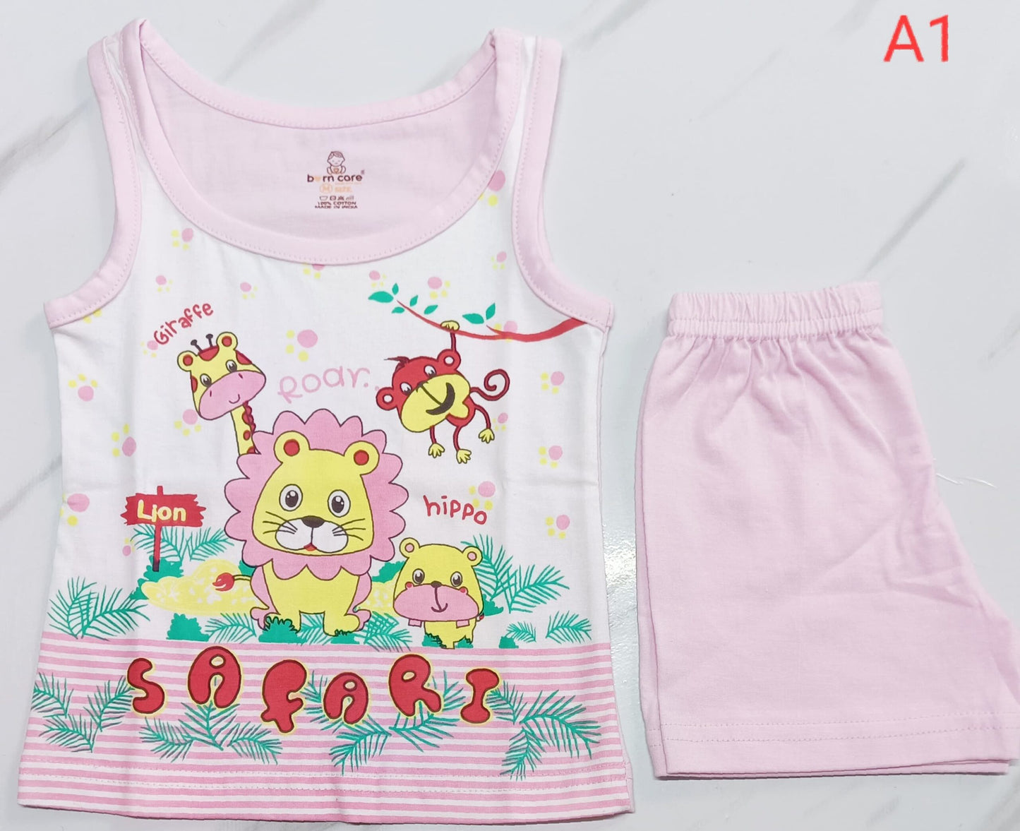 Cotton Jabla with Trouser Set - Animals Print - Pink, 0 - 6 M image