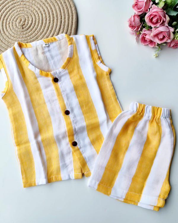 Muslin Sleeveless Co Ord Set - Yellow & White Stripes