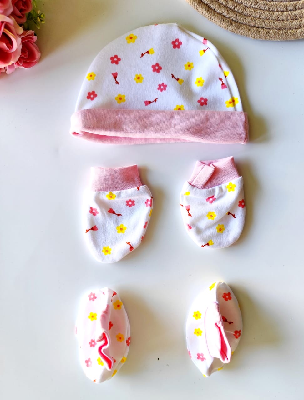 Cotton Cap, Mittens & Booties - Pink Floral