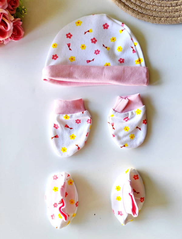 Cotton Cap, Mittens & Booties - Pink Floral