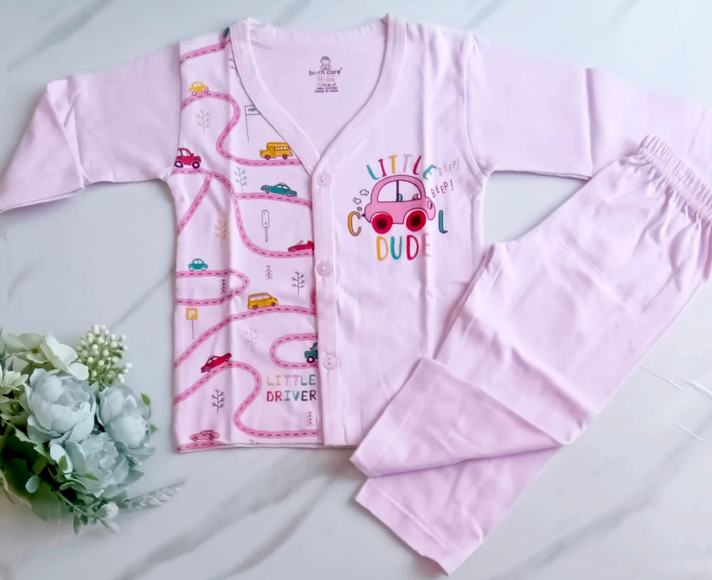 Unisex Cotton Night Suit - Lil Cool Dude Print - Pink, 12 - 18 M image