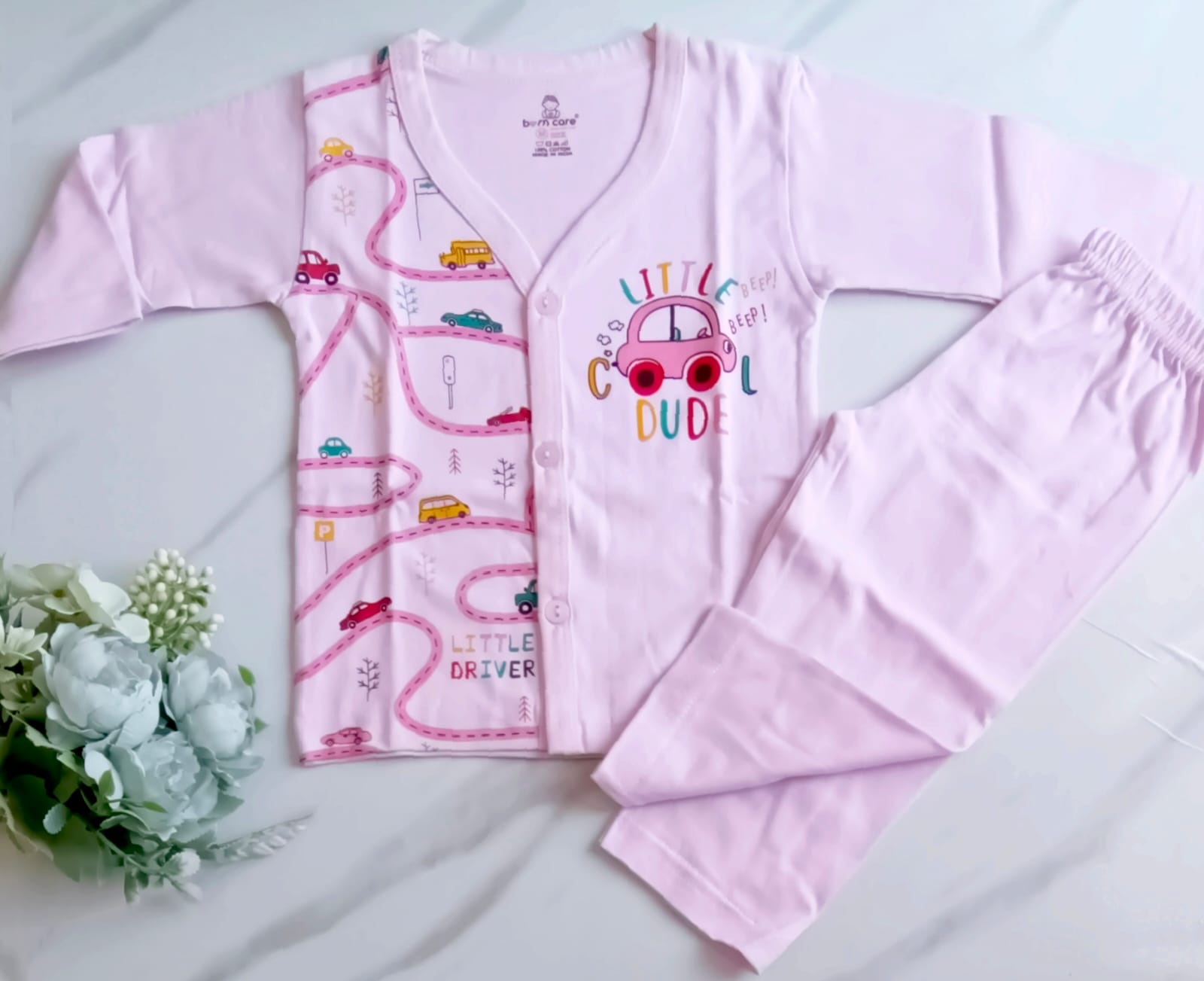 Unisex Cotton Night Suit - Lil Cool Dude Print - Pink, 12 - 18 M image