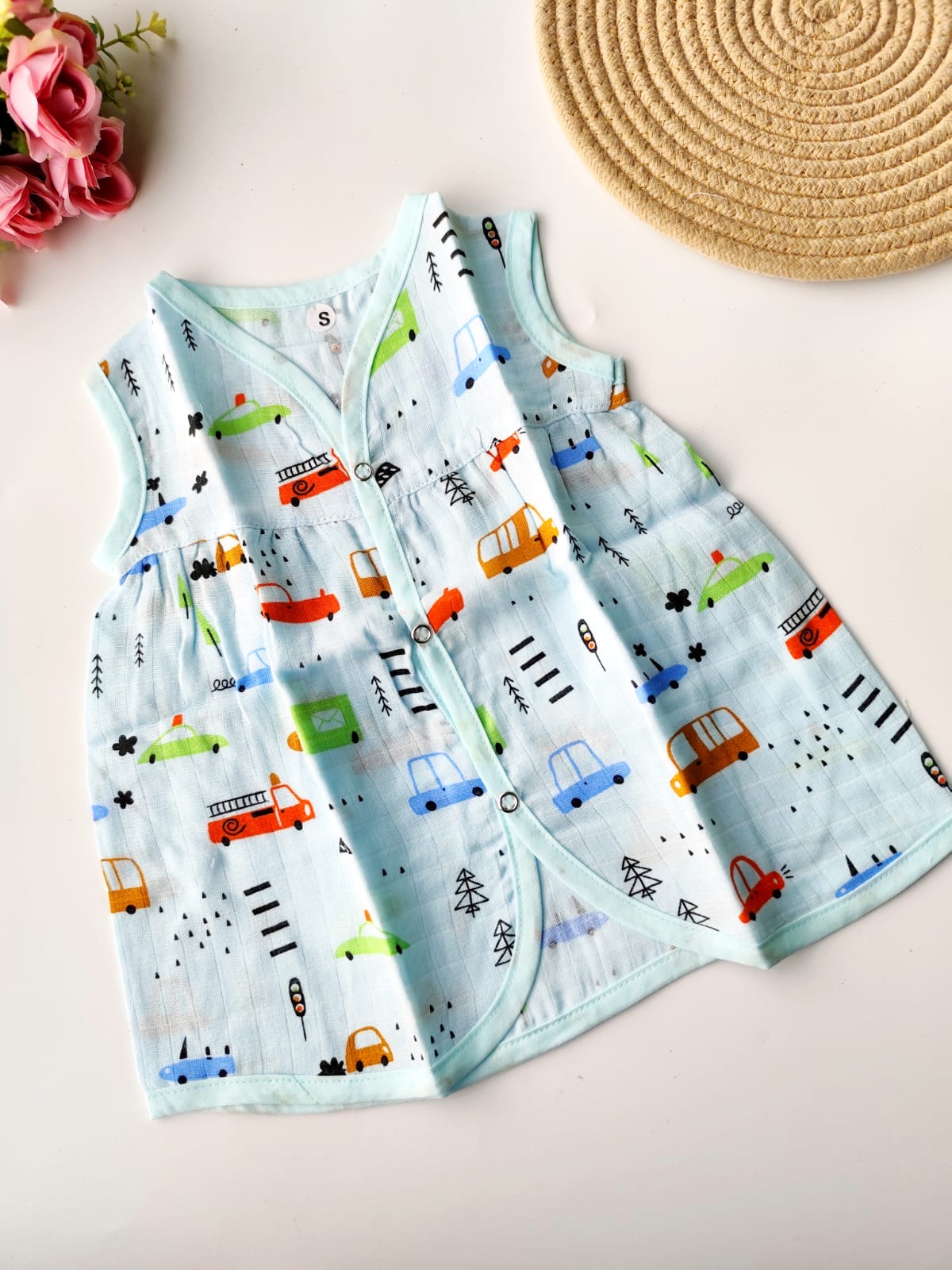 Muslin Colored Chest Cut Frock - Blue Vehicles