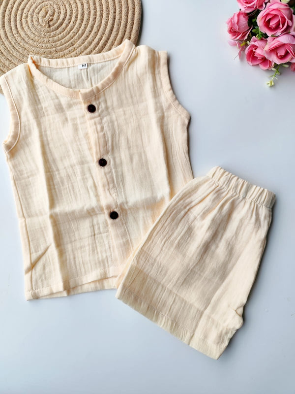 Muslin Sleeveless Co Ord Set - Creamy Sandal