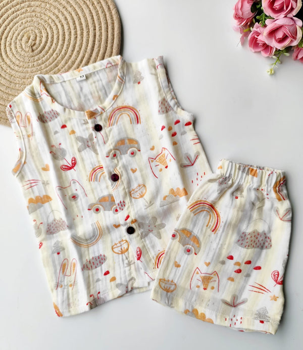 Muslin Sleeveless Co Ord Set - Rainbow