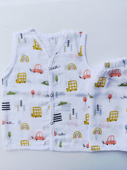 Muslin White Co-Ord Sets - Vehicles Print - 3 - 6 M image