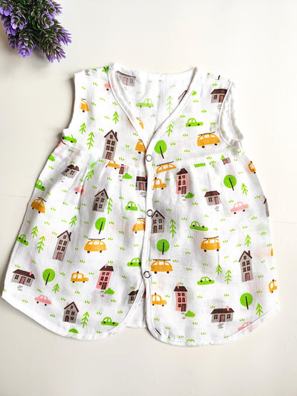 Muslin Chest Cut Frocks - House Print, 3 - 6 M image