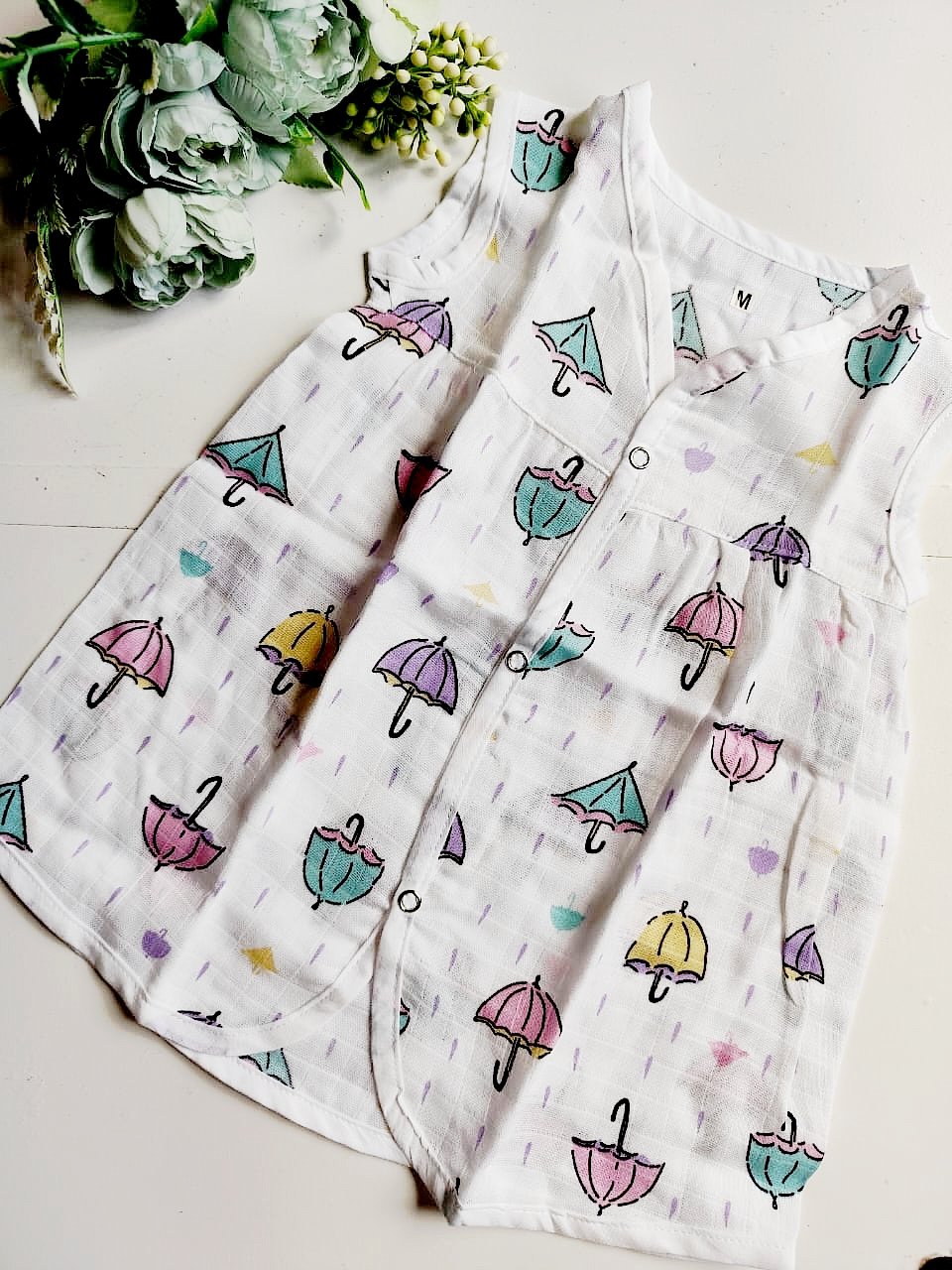 Muslin Chest Cut Frocks - Umbrella Print, 3 - 6 M image