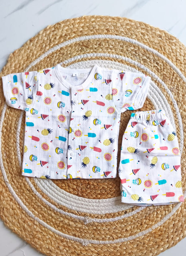 Muslin Half Sleeve Jabla Set - Fruits Print