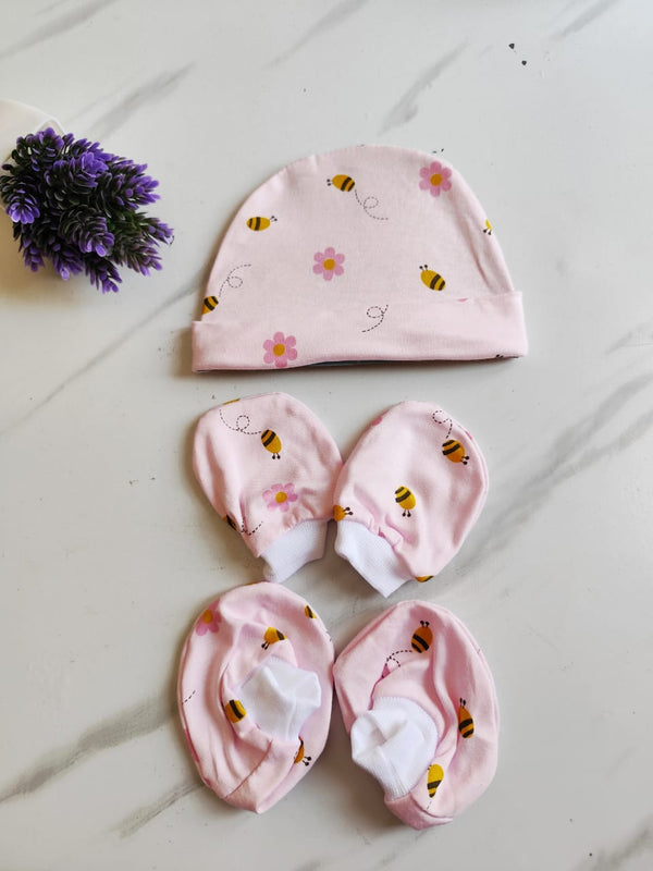 Cotton Cap, Mittens & Booties Set - Honeybee Print (0 - 6 Months)