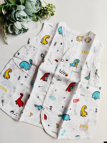 Muslin Chest Cut Frocks - Dino Print, 0 - 3 M image