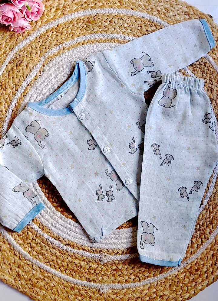 Colored Muslin Night Suits (Affordable Range) - Blue Shade - 3 - 6 M image