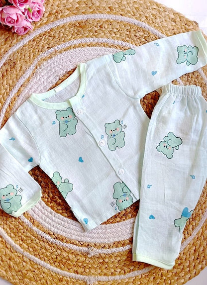 Colored Muslin Night Suits (Affordable Range) - Green Shade - 0 - 3 M image