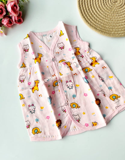 Muslin Colored Chest Cut Frock - Pink Bunny
