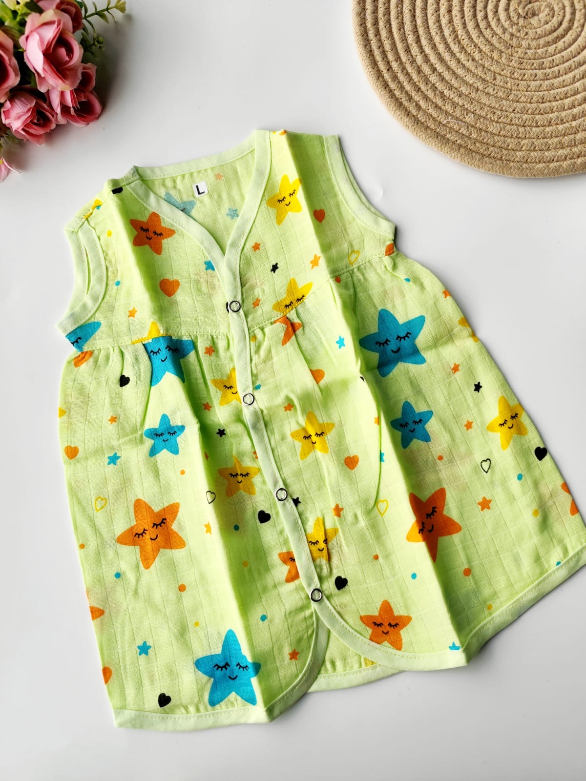 Muslin Colored Chest Cut Frock - Green Stars