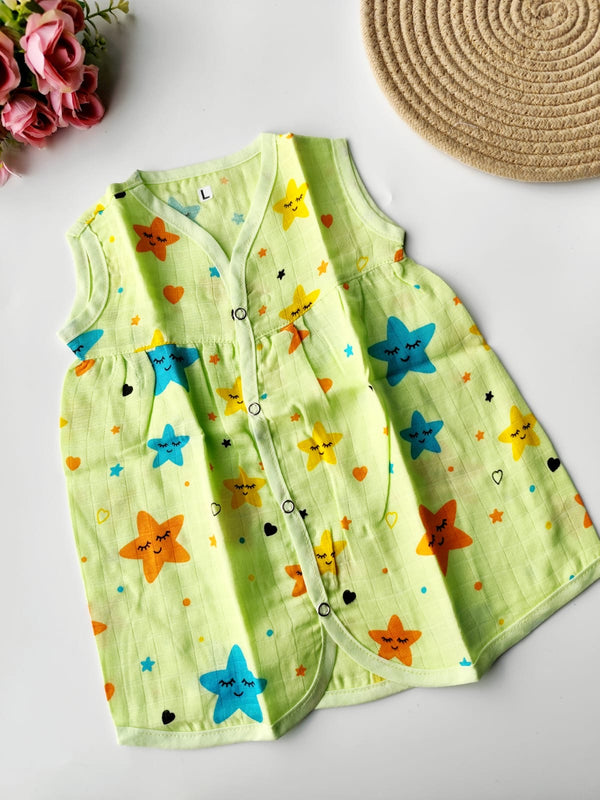 Muslin Colored Chest Cut Frock - Green Stars