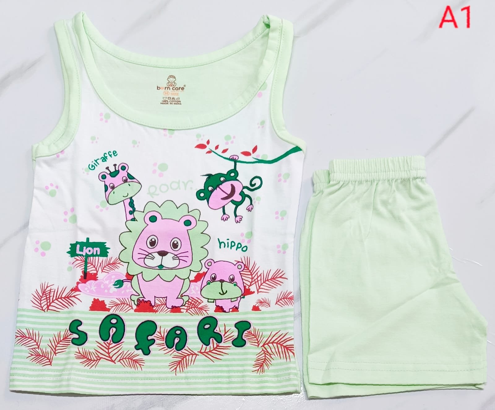 Cotton Jabla with Trouser Set - Animals Print - Green, 0 - 6 M image