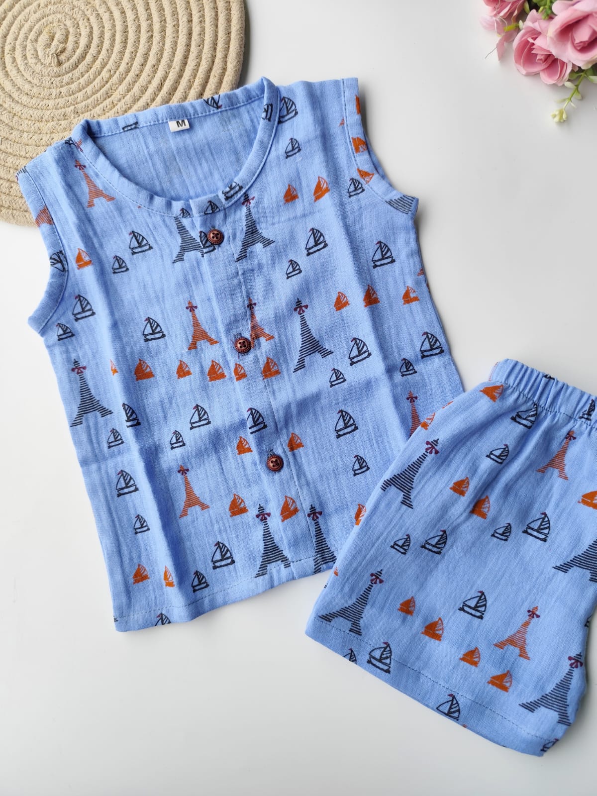 Muslin Sleeveless Co Ord Set - Blue Eiffel