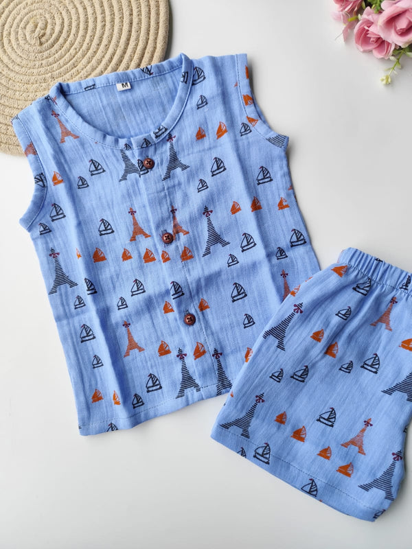Muslin Sleeveless Co Ord Set - Blue Eiffel