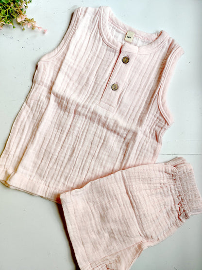 Muslin Unisex Sleeveless Co Ord Set - Pale Pink - 2 Y image