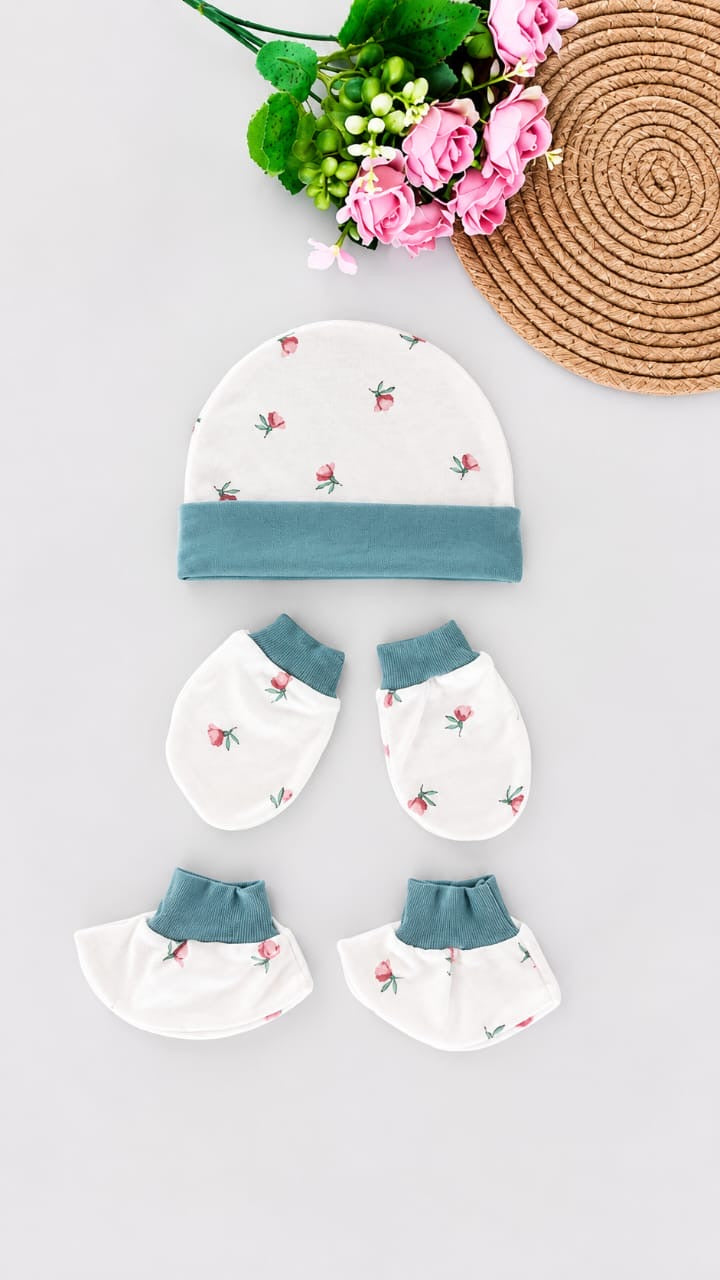 Cotton Cap, Mittens & Booties - Sea Blue