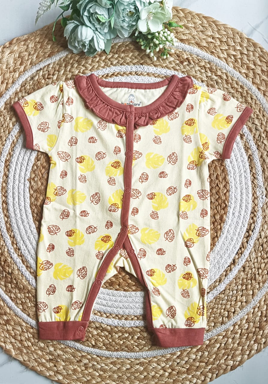 Girls Cotton Printed Romper - Yellow, 6 - 12 M image
