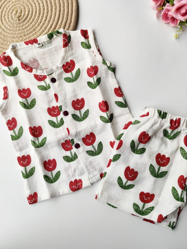 Muslin Sleeveless Co Ord Set - Tulips