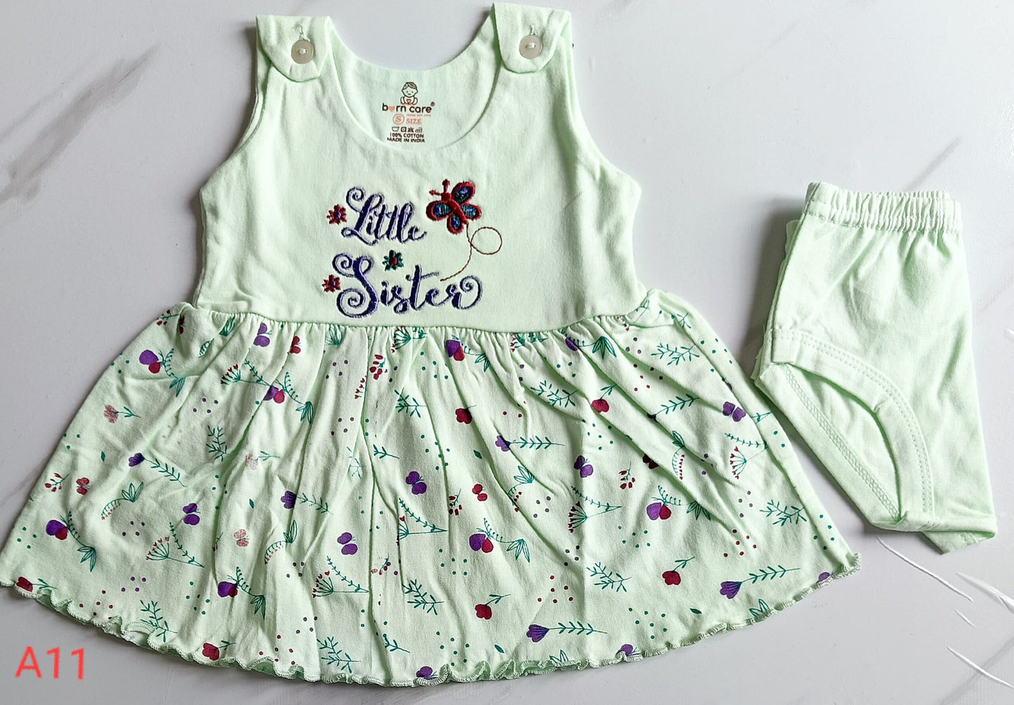 Shoulder Button Cotton Frock - Green, 12 - 18 M image