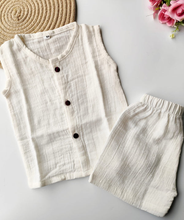 Muslin Sleeveless Co Ord Set - Textured White