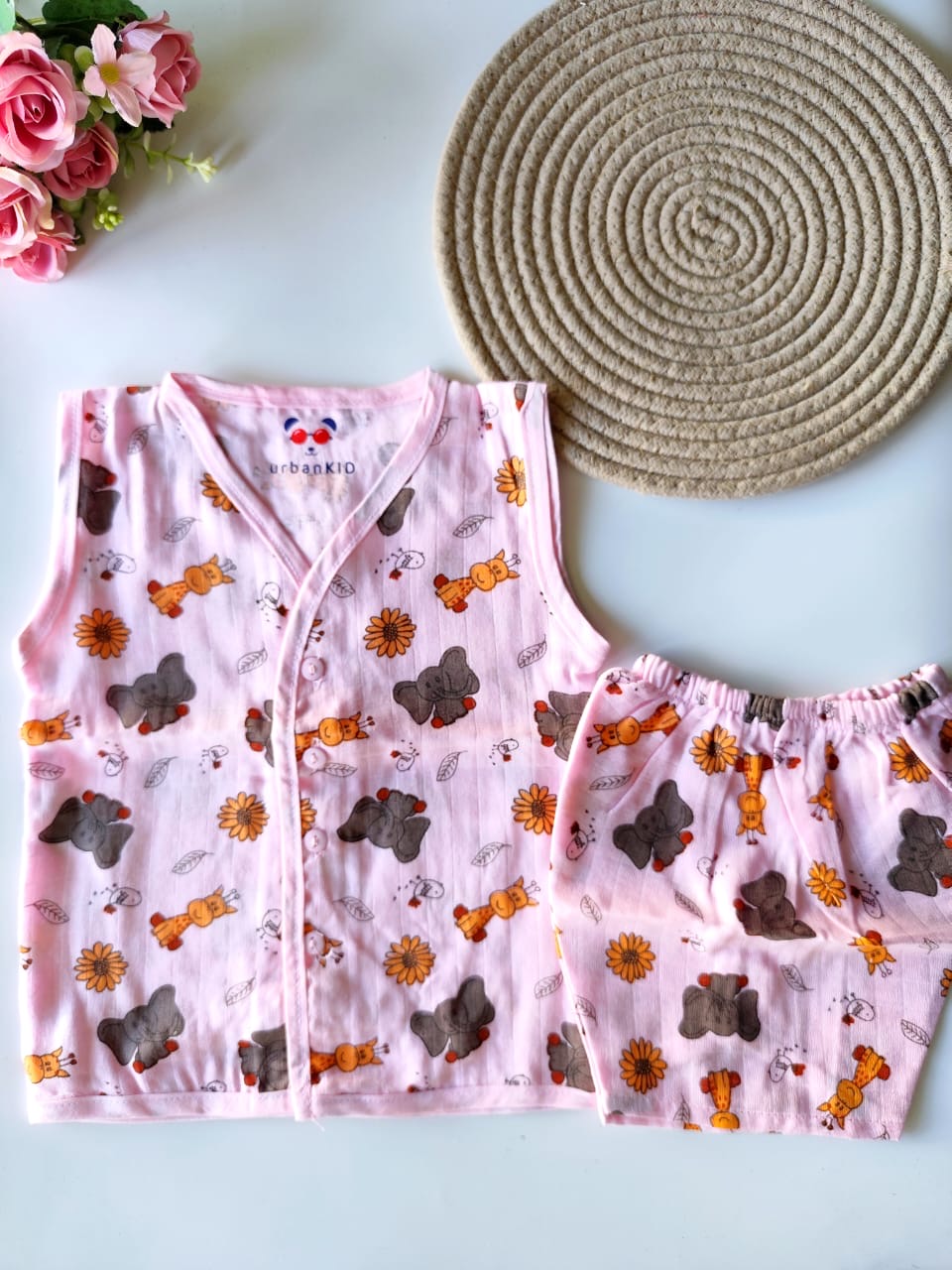 Muslin Sleeveless Co Ord Set - Pink Elephant
