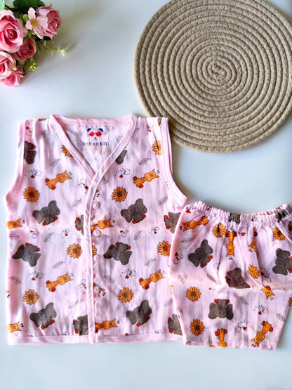 Muslin Sleeveless Co Ord Set - Pink Elephant