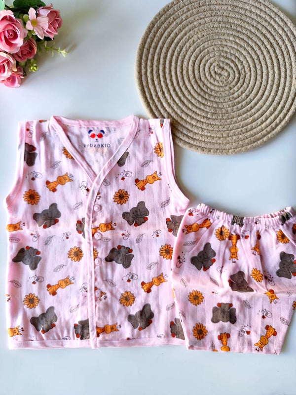 Muslin Sleeveless Co Ord Set - Pink Elephant