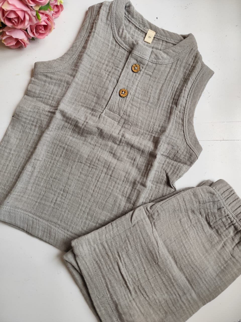 Muslin Unisex Sleeveless Co Ord Set - Grey - 1 Y image