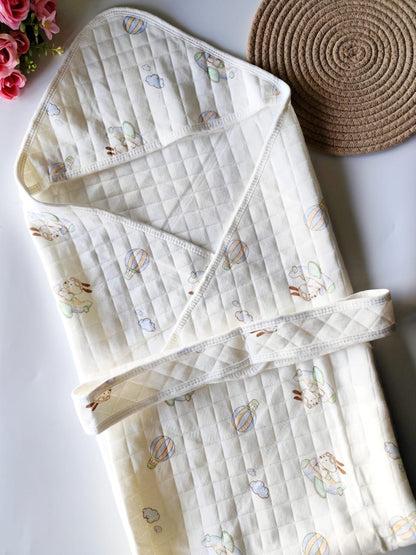White Quilted Muslin Printed Blanket/Hooded Wrapper - Random Print