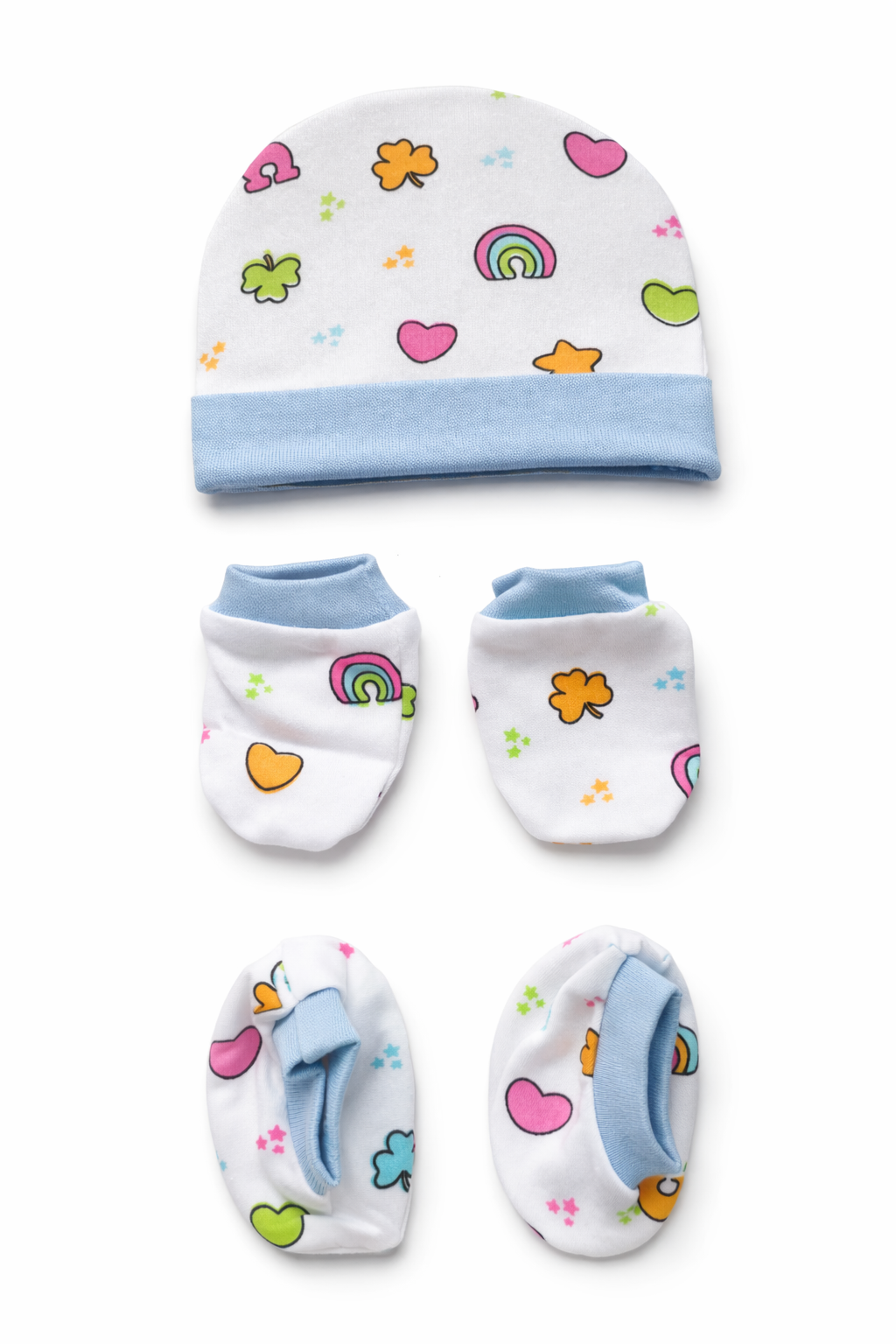 Cotton Cap, Mittens & Booties- Light Blue