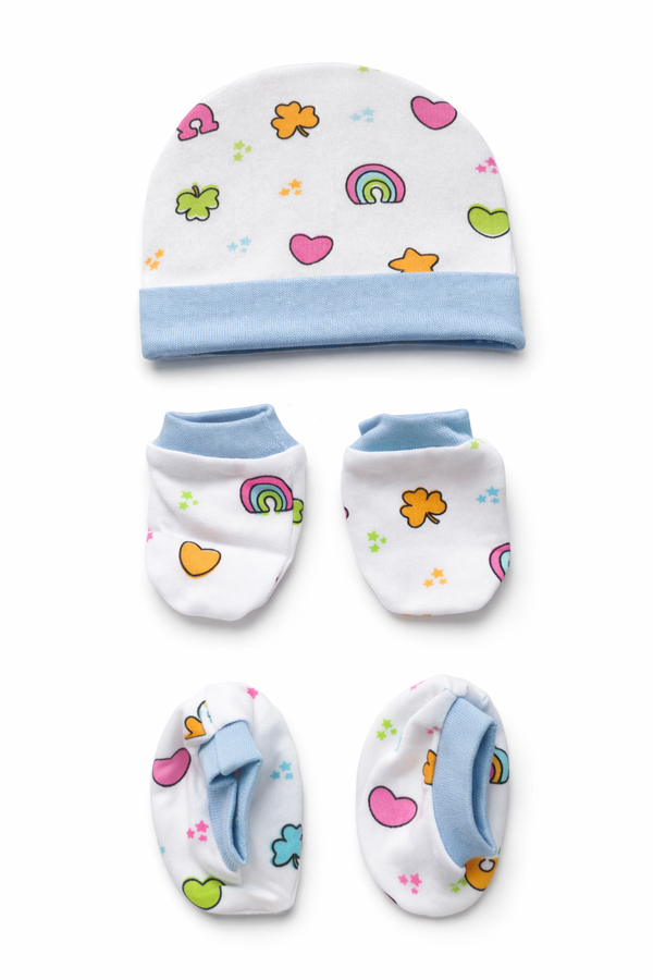 Cotton Cap, Mittens & Booties- Light Blue