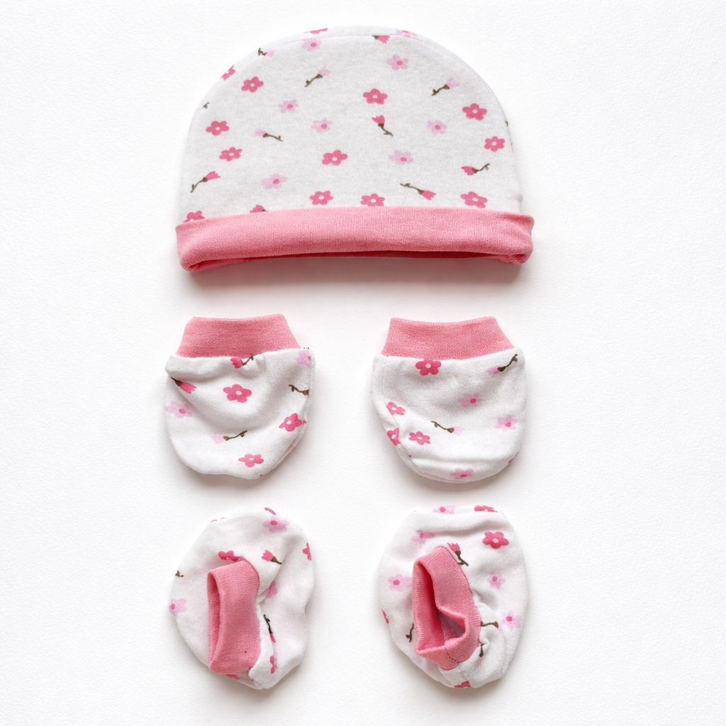 Cotton Cap, Mittens & Booties- Baby Pink